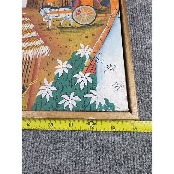 Nicaraguan Country Folk Art Oil Painting on Canvas Signed Flowers Village Life - Picture 6 of 7